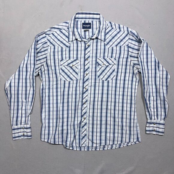 VTG Wrangler Shirt Mens XXL 2XL Blue White Pearl‎ Snap Rancher Western Rodeo - Picture 1 of 11